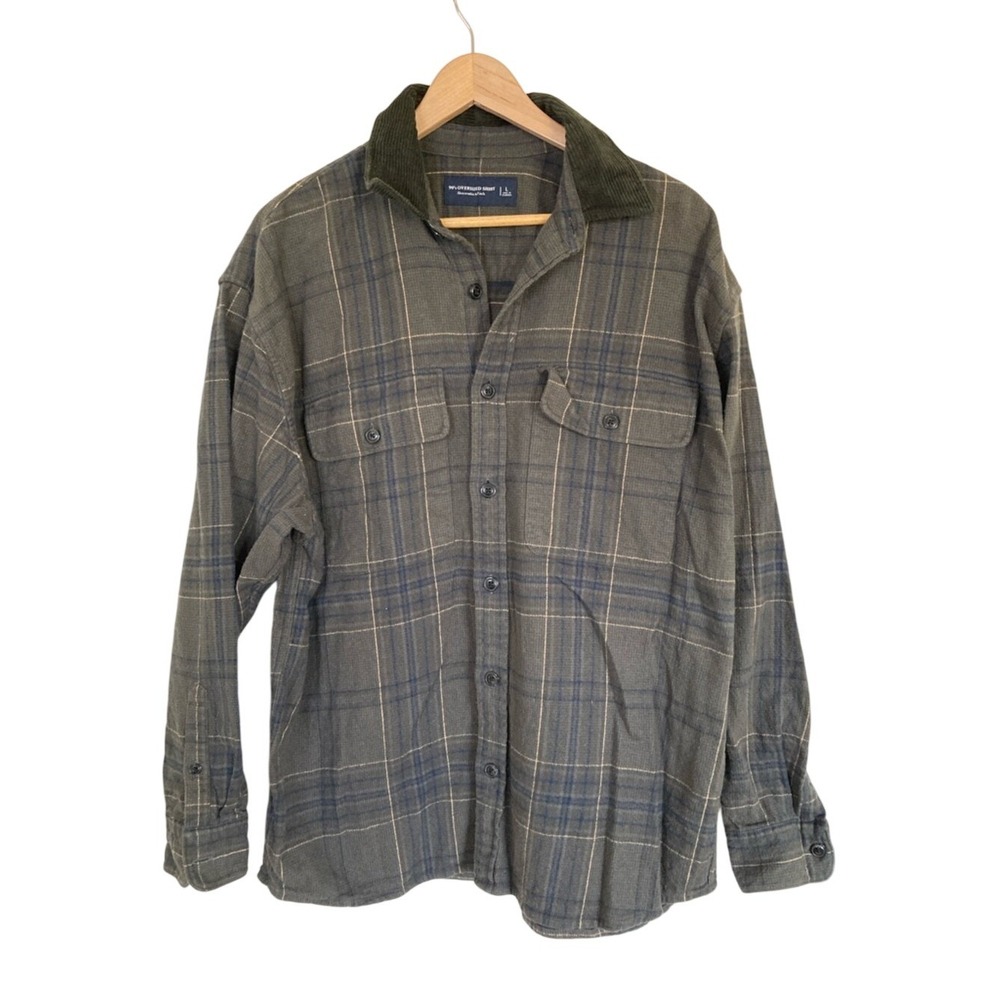 Abercrombie &‎ Fitch 90s Oversized Olive Plaid Corduroy-Collar Shirt Jacket S L